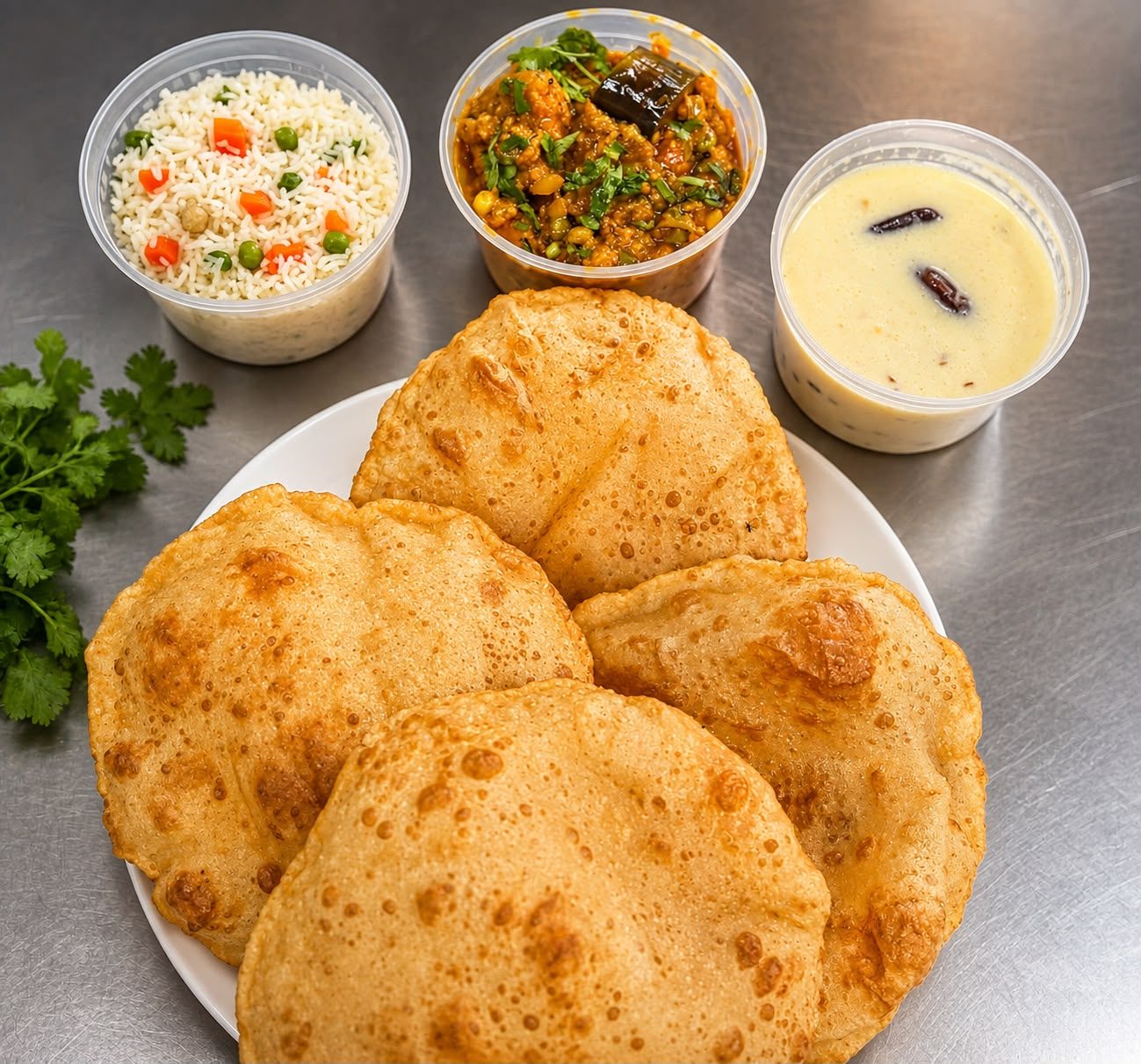 Puri, sabji, dal, rice and shrikhand from a Tiffin Box Barrie tiffin