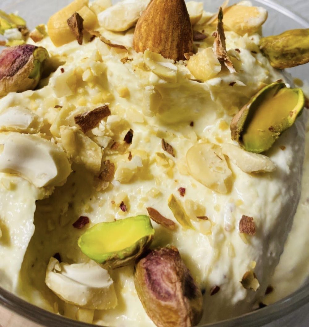 Shrikhand topped with pistachio and almond
