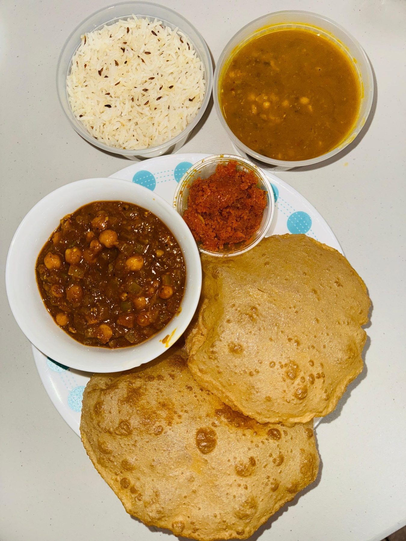 12oz tiffin — roti, dal, rice and sabji